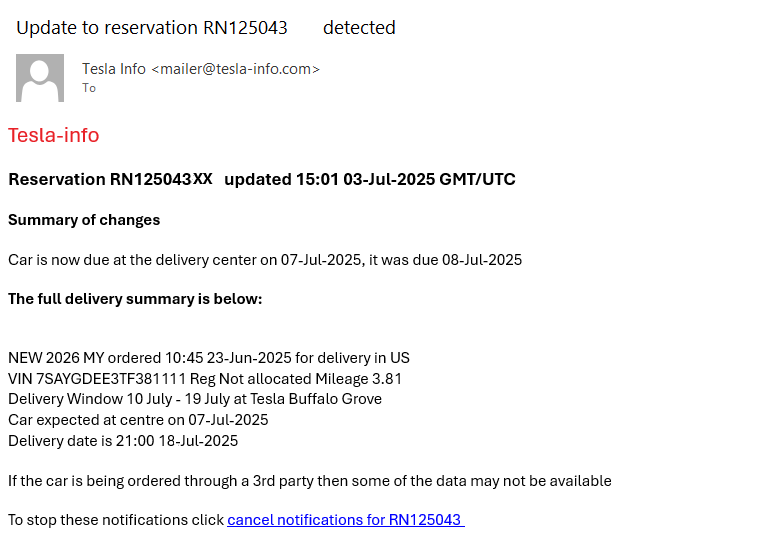 Reservation update email